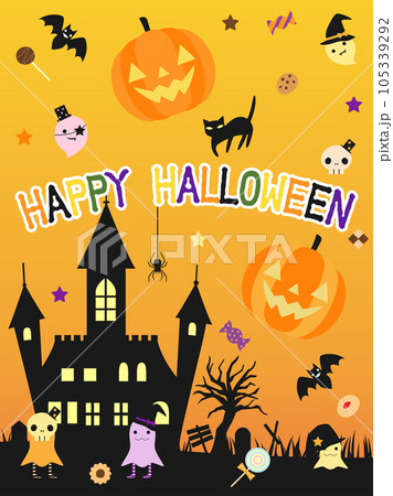 お化けやお菓子などをちりばめたハロウィンのカード 縦バージョン お化けやお菓子などをちりばめたハロウィンのカード 縦バージョン 105339292