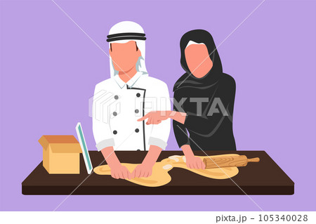 Cartoon flat style drawing romantic Arabian couple cooking together while watching tutorial from gadget tablet screen. Learn to cook with modern digital technology. Graphic design vector illustration 105340028