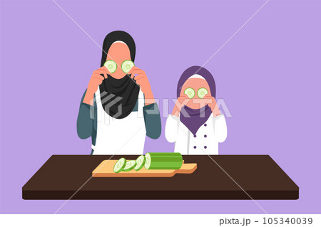 Character flat drawing Arab little girl and her beautiful mom are holding slices of cucumber and smiling while cooking in kitchen at home. Happy mother and daughter. Cartoon design vector illustration 105340039