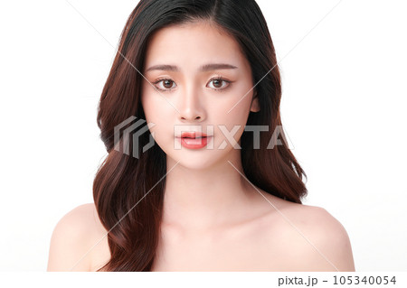 Beautiful young asian woman with clean fresh skin on white background, Face care, Facial treatment, Cosmetology, beauty and spa, Asian women portrait. Beautiful young asian woman with clean fresh skin on white background, Face care, Facial treatment, Cosmetology, beauty and spa, Asian women portrait. 105340054