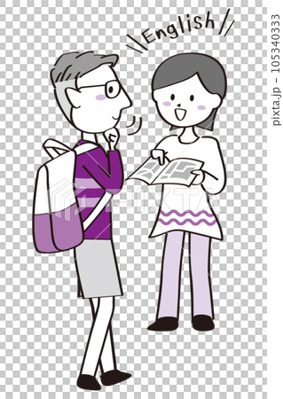 手繪插畫 一位女士給外國人指路 2種顏色 入境 105340333