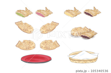 水彩で描いたいろいろなたい焼きのイラスト 105340536
