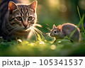 Intense Chase between Cat and Rat in Morning Forest 105341537