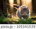 Intense Chase between Cat and Rat in Morning Forest 105341539