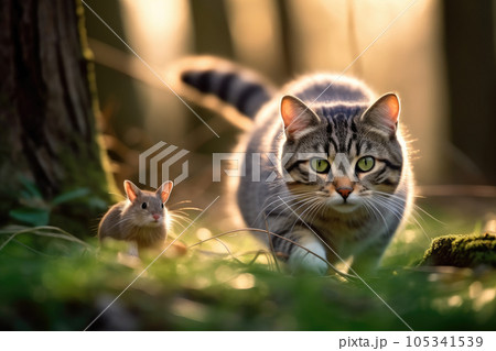 Intense Chase between Cat and Rat in Morning Forest 105341539