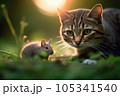 Intense Chase between Cat and Rat in Morning Forest 105341540