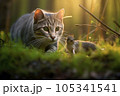 Intense Chase between Cat and Rat in Morning Forest 105341541