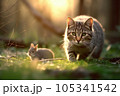 Intense Chase between Cat and Rat in Morning Forest 105341542