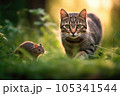 Intense Chase between Cat and Rat in Morning Forest 105341544