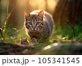 Intense Chase between Cat and Rat in Morning Forest 105341545
