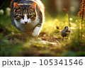 Intense Chase between Cat and Rat in Morning Forest 105341546