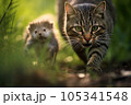 Intense Chase between Cat and Rat in Morning Forest 105341548