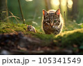 Intense Chase between Cat and Rat in Morning Forest 105341549