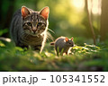 Intense Chase between Cat and Rat in Morning Forest 105341552