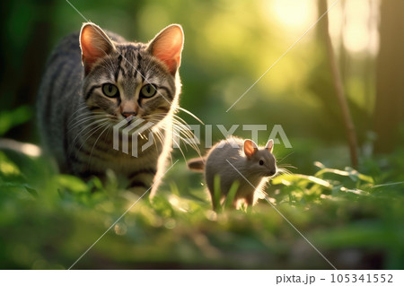 Intense Chase between Cat and Rat in Morning Forest Intense Chase between Cat and Rat in Morning Forest 105341552
