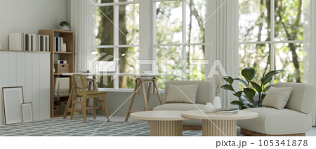 Interior design of a minimalist Scandinavian living room with comfortable couch and home decor 105341878