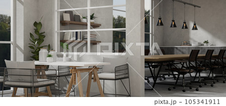 Interior design of a modern office with relaxation space in front of the modern meeting room. Interior design of a modern office with relaxation space in front of the modern meeting room. 105341911