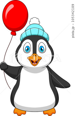 Cute cartoon penguin mascot in winter hat holding red balloon 105342189