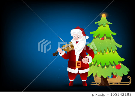 Smiling Santa Claus Playing A Violin with copy space on blue background. Vector illustration eps10 105342192