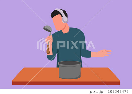 Cartoon flat style drawing young husband begin prepare family dinner while singing like rock star with kitchenware and overjoyed music playlist. Fun cooking concept. Graphic design vector illustration 105342475