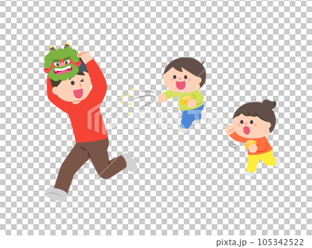Setsubun Children throwing beans and a father who plays the role of a demon running away 105342522