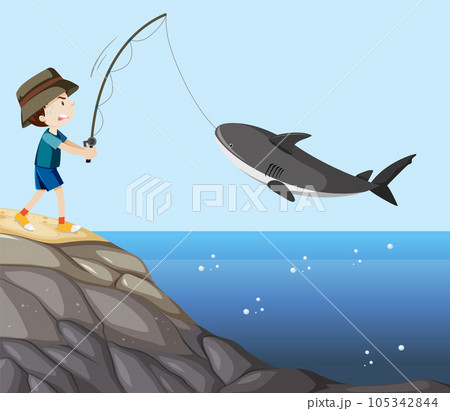 Boy fishing baby shark cartoon character Boy fishing baby shark cartoon character 105342844