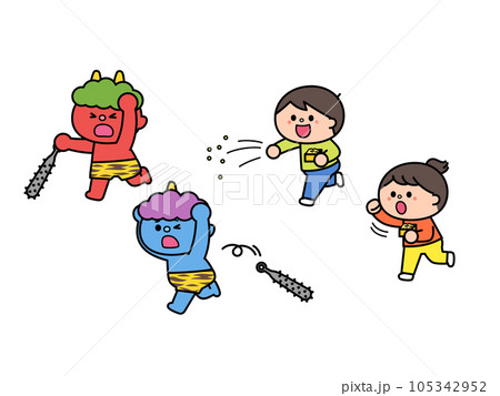 節分　豆を投げる子供と逃げる鬼達 105342952