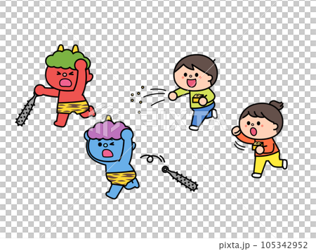 節分　豆を投げる子供と逃げる鬼達 105342952