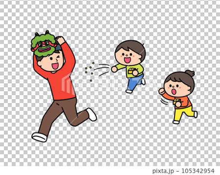 Setsubun Children throwing beans and a father who plays the role of a demon running away 105342954