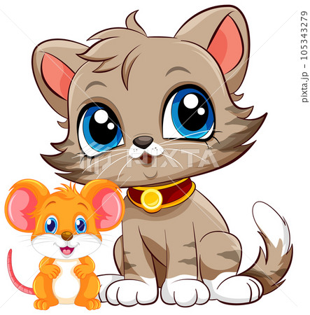 Cute Cat with Mouse in Cartoon Style 105343279