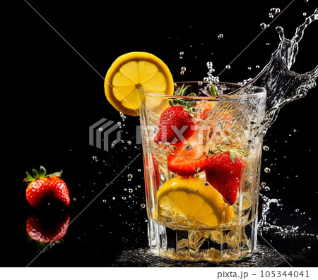 Fresh fruit cocktail in freeze motion splashing Fresh fruit cocktail in freeze motion splashing 105344041