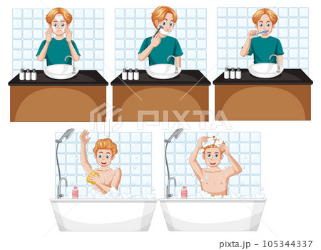 Set of male teen doing self care cleaning routine 105344337