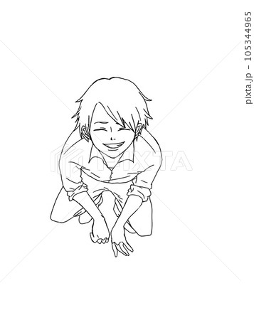 しゃがんで上を向く少年のイラスト。こちらを見上げる男の子の絵。 105344965