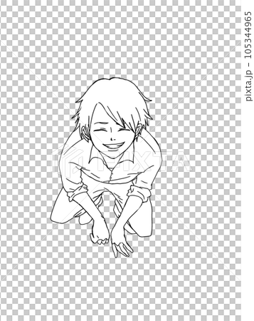 しゃがんで上を向く少年のイラスト。こちらを見上げる男の子の絵。 105344965