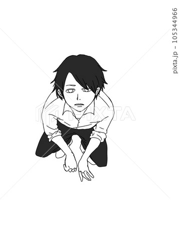 しゃがんで上を向く少年のイラスト。こちらを見上げる男の子の絵。 105344966