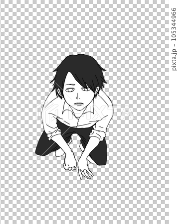 しゃがんで上を向く少年のイラスト。こちらを見上げる男の子の絵。 105344966