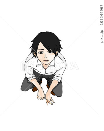 しゃがんで上を向く少年のイラスト。こちらを見上げる男の子の絵。 105344967