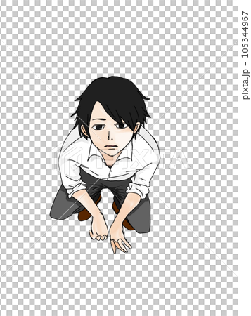 しゃがんで上を向く少年のイラスト。こちらを見上げる男の子の絵。 105344967