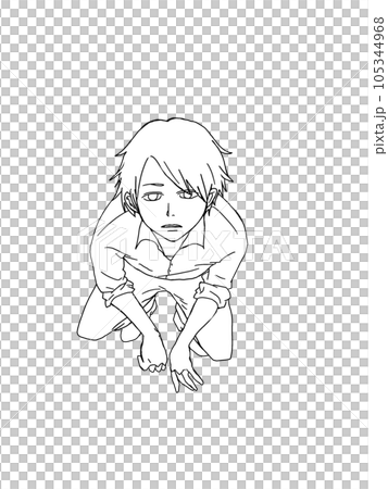 しゃがんで上を向く少年のイラスト。こちらを見上げる男の子の絵。 105344968
