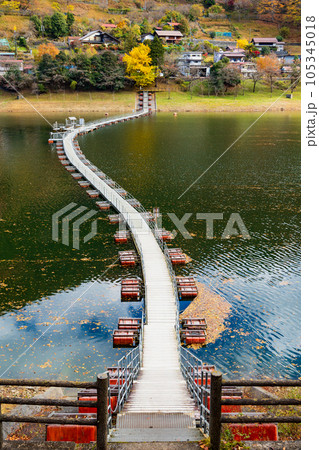 東京奥多摩 紅葉の奥多摩湖 留浦の浮橋 東京奥多摩 紅葉の奥多摩湖 留浦の浮橋 105345018