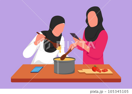 Graphic flat design drawing two Arabian woman cook together while looking at tutorial or recipe on smartphone. Friends learn to cook with modern digital technology. Cartoon style vector illustration 105345105