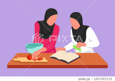 Character flat drawing two Arab woman cooking meal while reading tutorial book on cozy kitchen table at home. Friends prepare breakfast meal. Healthy food lifestyle. Cartoon design vector illustration 105345113