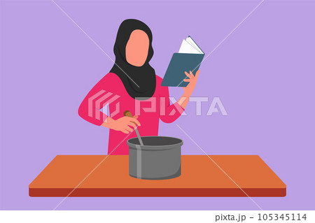 Graphic flat design drawing Arabian woman cooking while reading recipe book she is holding. Healthy food lifestyle concept. Happy wife cooking at home. Prepared food. Cartoon style vector illustration 105345114