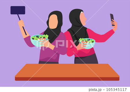 Graphic flat design drawing two Arab woman taking selfie or making video call using her smartphone while cooking fresh salad. Friends prepare healthy food for dinner. Cartoon style vector illustration 105345117