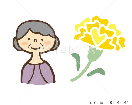 かわいいおばあさんとカーネーション／手描きイラスト素材 105345344