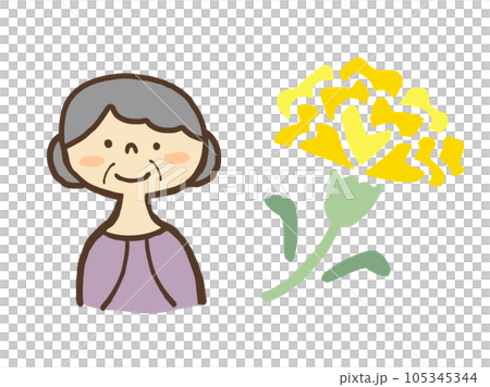 かわいいおばあさんとカーネーション／手描きイラスト素材 105345344