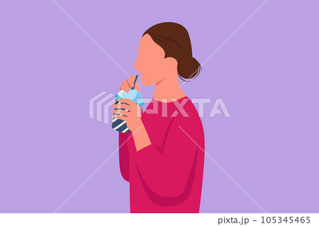 Character flat drawing side view of attractive woman using straw and drinking smoothie juice from plastic cup. Female feel thirsty and try to refresh in hot summers. Cartoon design vector illustration Character flat drawing side view of attractive woman using straw and drinking smoothie juice from plastic cup. Female feel thirsty and try to refresh in hot summers. Cartoon design vector illustration 105345465