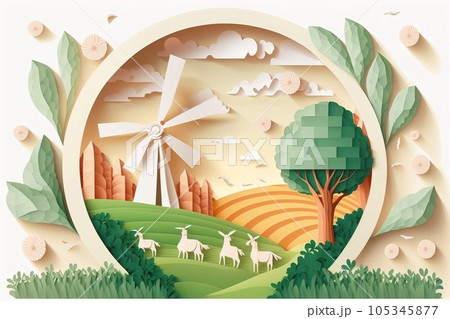 Cartoon landscape. Windmill in grass field, blue sky, flowers in summer or spring. Good for banner. 105345877