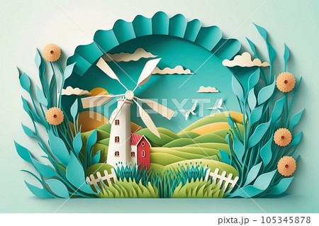 Cartoon landscape. Windmill in grass field, blue sky, flowers in summer or spring. Good for banner. 105345878