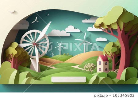 Cartoon landscape. Windmill in grass field, blue sky, flowers in summer or spring. Good for banner. 105345902